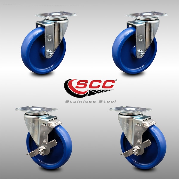 Service Caster 5 Inch SS Solid Polyurethane Swivel Top Plate Caster Set with 2 Brakes SCC SCC-SS20S514-SPUS-2-TLB-2 - main